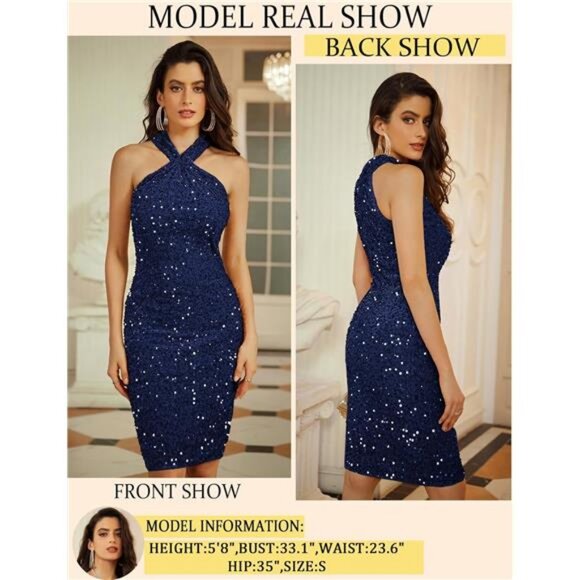 Womens Sequin Dress Sleeveless Sparkly Glitter Halter Dark Blue - Picture 2 of 4